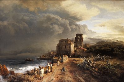 Shaded Landscape by the Sea with Figures by Oswald Achenbach